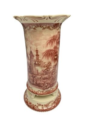 Burton + Burton Vase Home Decor Red Toile Footed Scalloped Ceramic Floral 10in